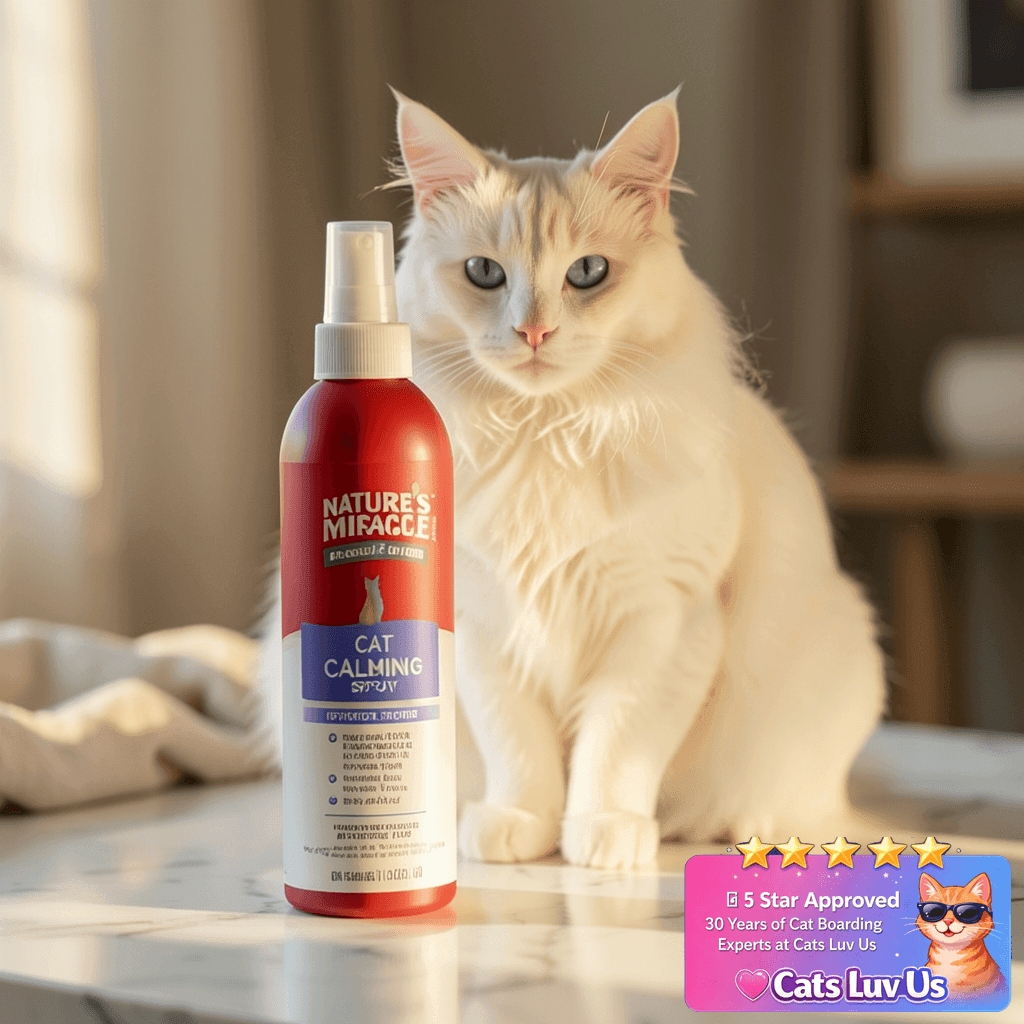 Nature’s Miracle Cat Calming Spray with cat - professional product lifestyle photo