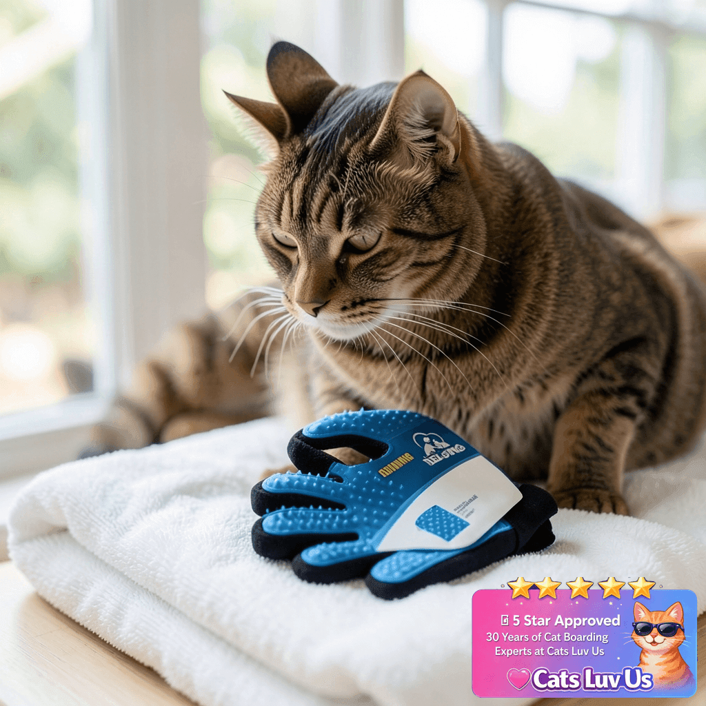 Pet Hair Remover Glove - Gentle Pet Glove Brush - with cat - professional product lifestyle photo