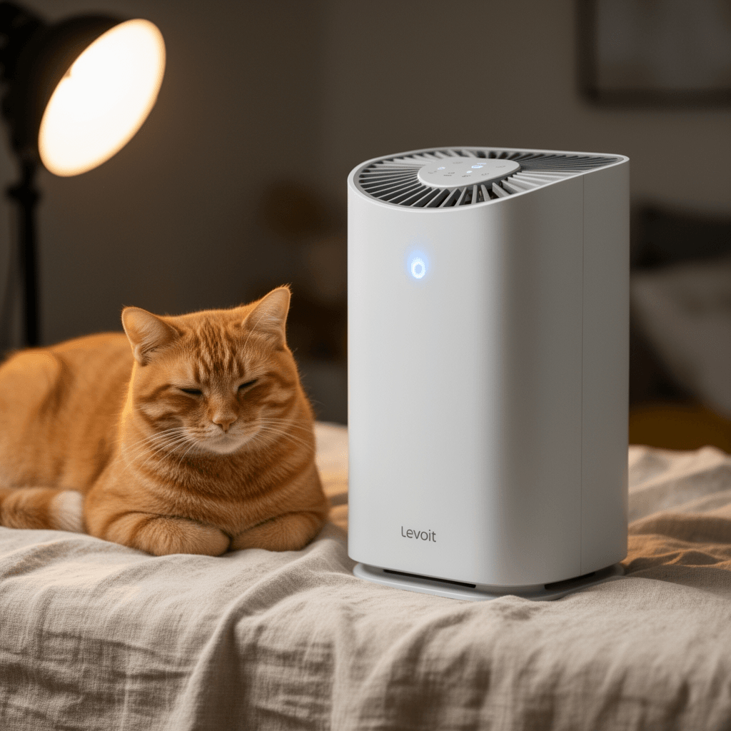 LEVOIT Air Purifiers for Bedroom Home Dorm with cat - professional product lifestyle photo