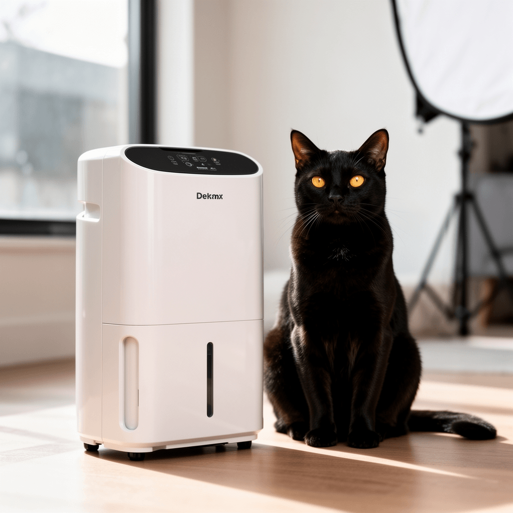 Dehumidifier for Basement with cat - professional product lifestyle photo