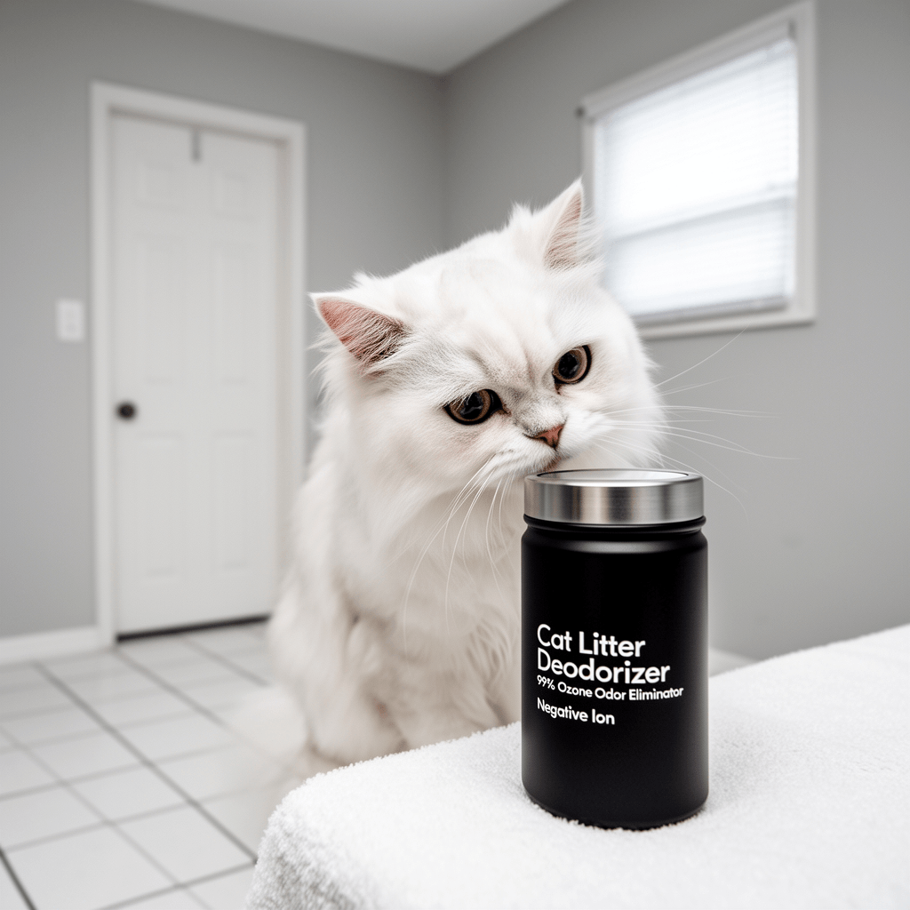 Cat Litter Deodorizer 99% Ozone Odor Eliminator Negative Ion with cat - professional product lifestyle photo