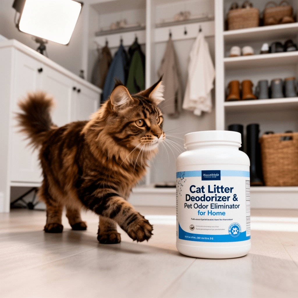 Cat Litter Deodorizer & Pet Odor Eliminator for Home with cat - professional product lifestyle photo