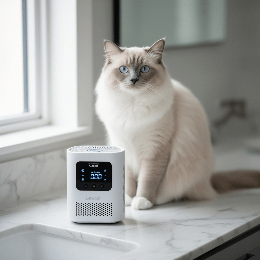LEVOIT Air Purifier for Home Allergens Pet Hair in Bedroom with cat - professional product lifestyle photo
