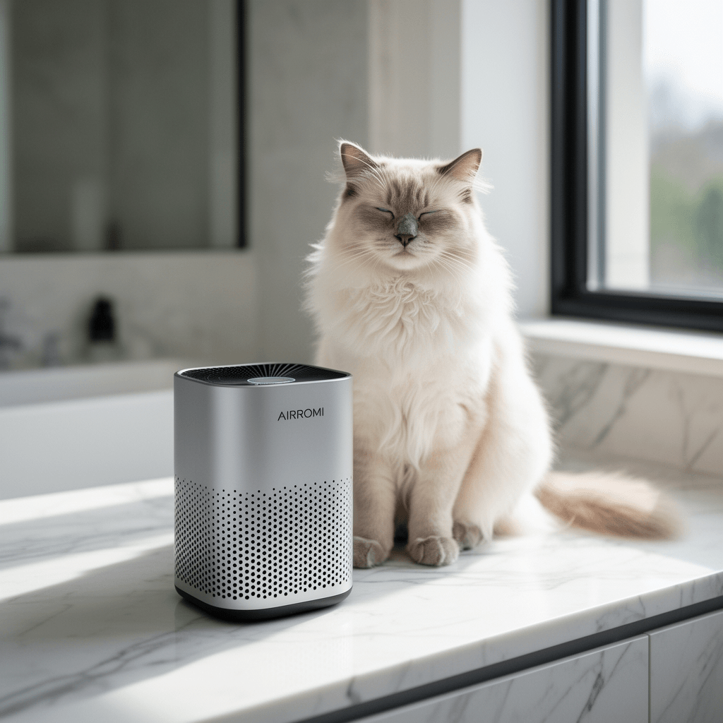 AIRROMI HEPA Air Purifier for Bedroom&Home with cat - professional product lifestyle photo
