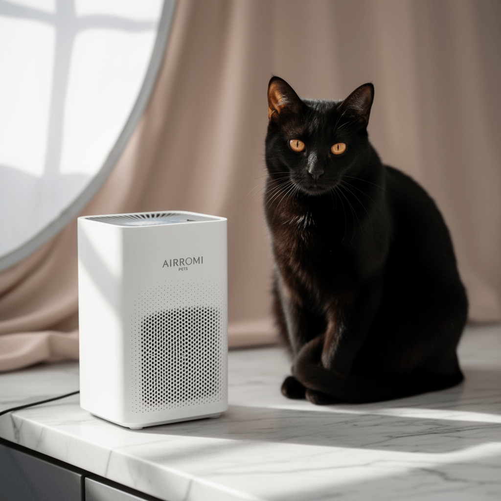 AIRROMI Pets Air Purifier for Home Allergies with cat - professional product lifestyle photo