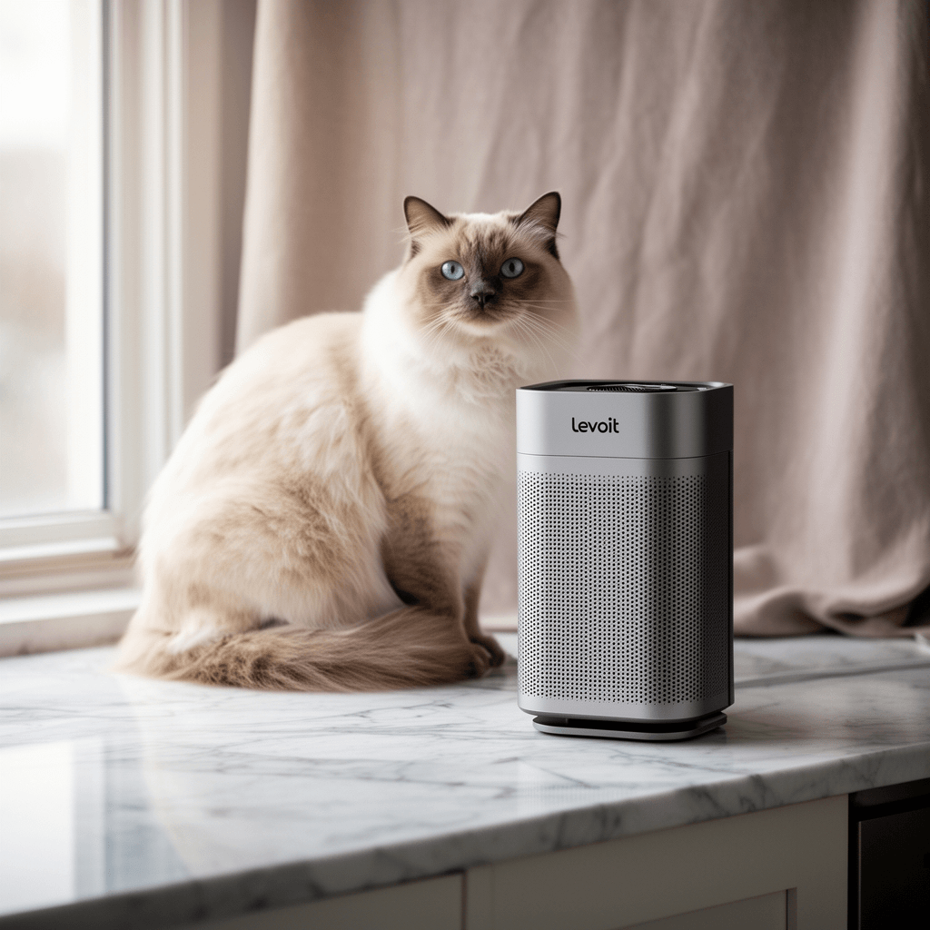 LEVOIT Air Purifiers for Bedroom Home Dorm with cat - professional product lifestyle photo