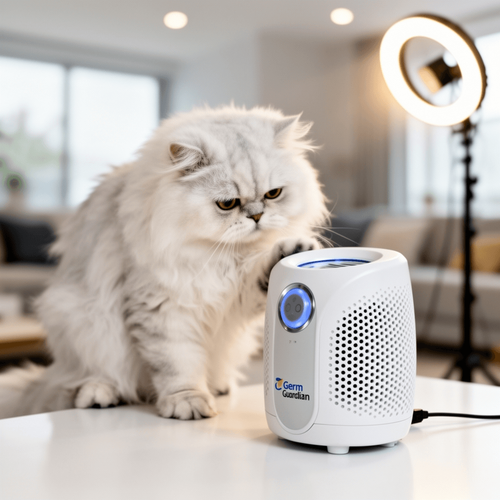Germ Guardian GG1100W 7” Pluggable Small Air Purifier with cat - professional product lifestyle photo