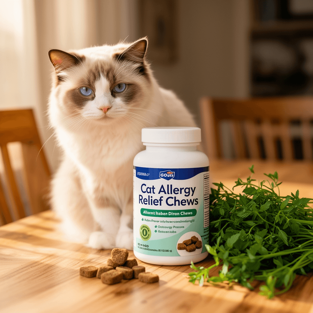 Cat Allergy Relief Chews with cat - professional product lifestyle photo