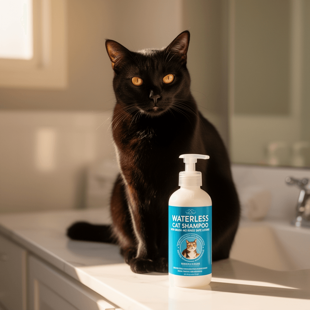 Waterless Cat Shampoo with Brush - No Rinse Safe Licking with cat - professional product lifestyle photo