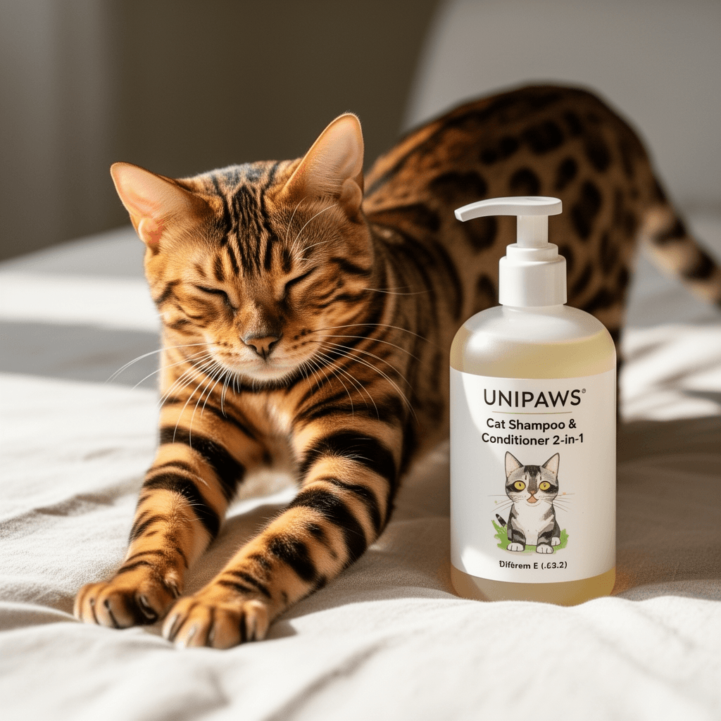 UNIPAWS Cat Shampoo & Conditioner 2-in-1 with cat - professional product lifestyle photo