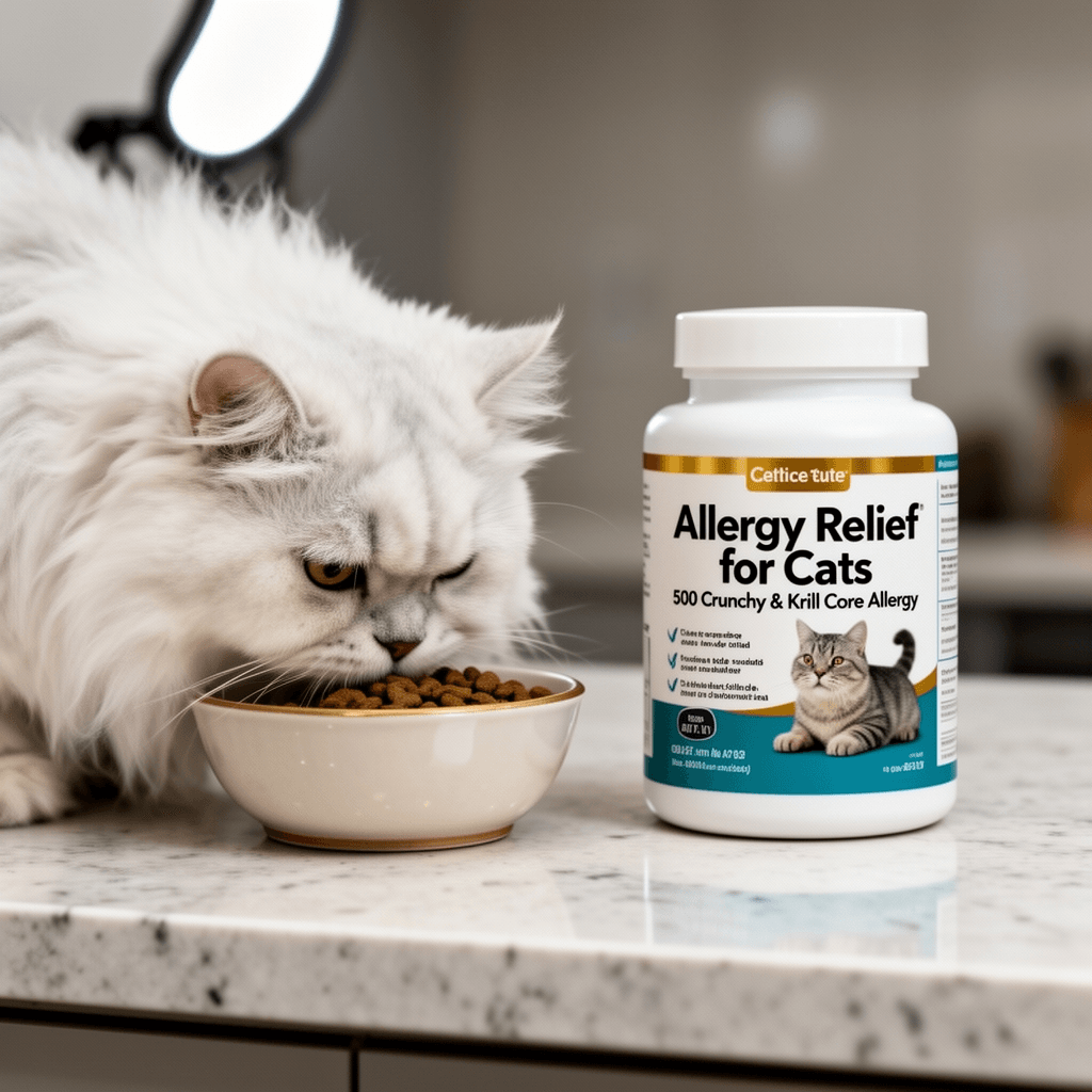 Allergy Relief for Cats - 500 Crunchy & Krill Core Allergy with cat - professional product lifestyle photo