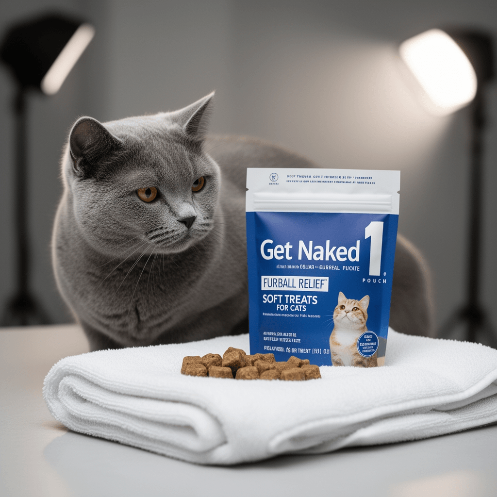 Get Naked 1 Pouch Furball Relief Soft Treats For Cats with cat - professional product lifestyle photo