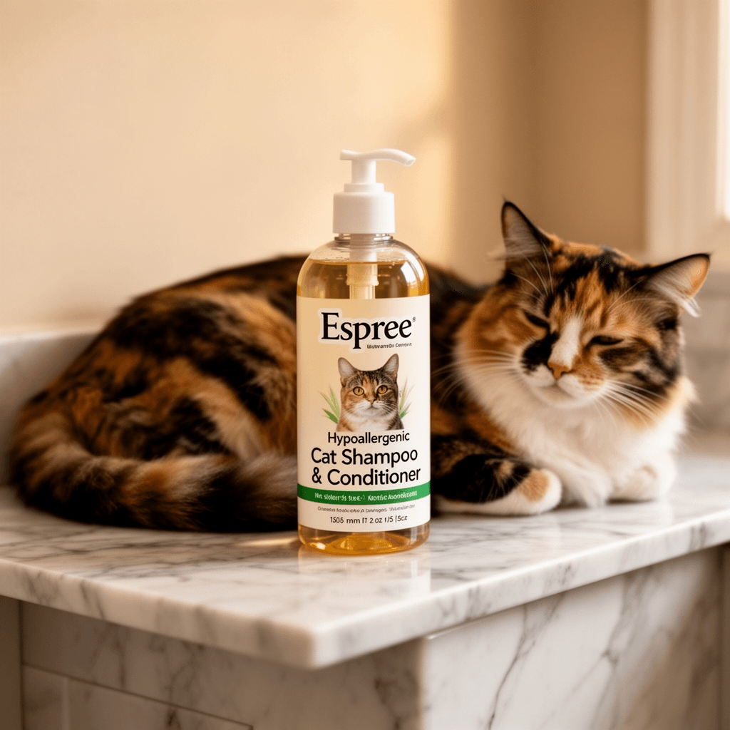 Espree Hypoallergenic Cat Shampoo & Conditioner with cat - professional product lifestyle photo