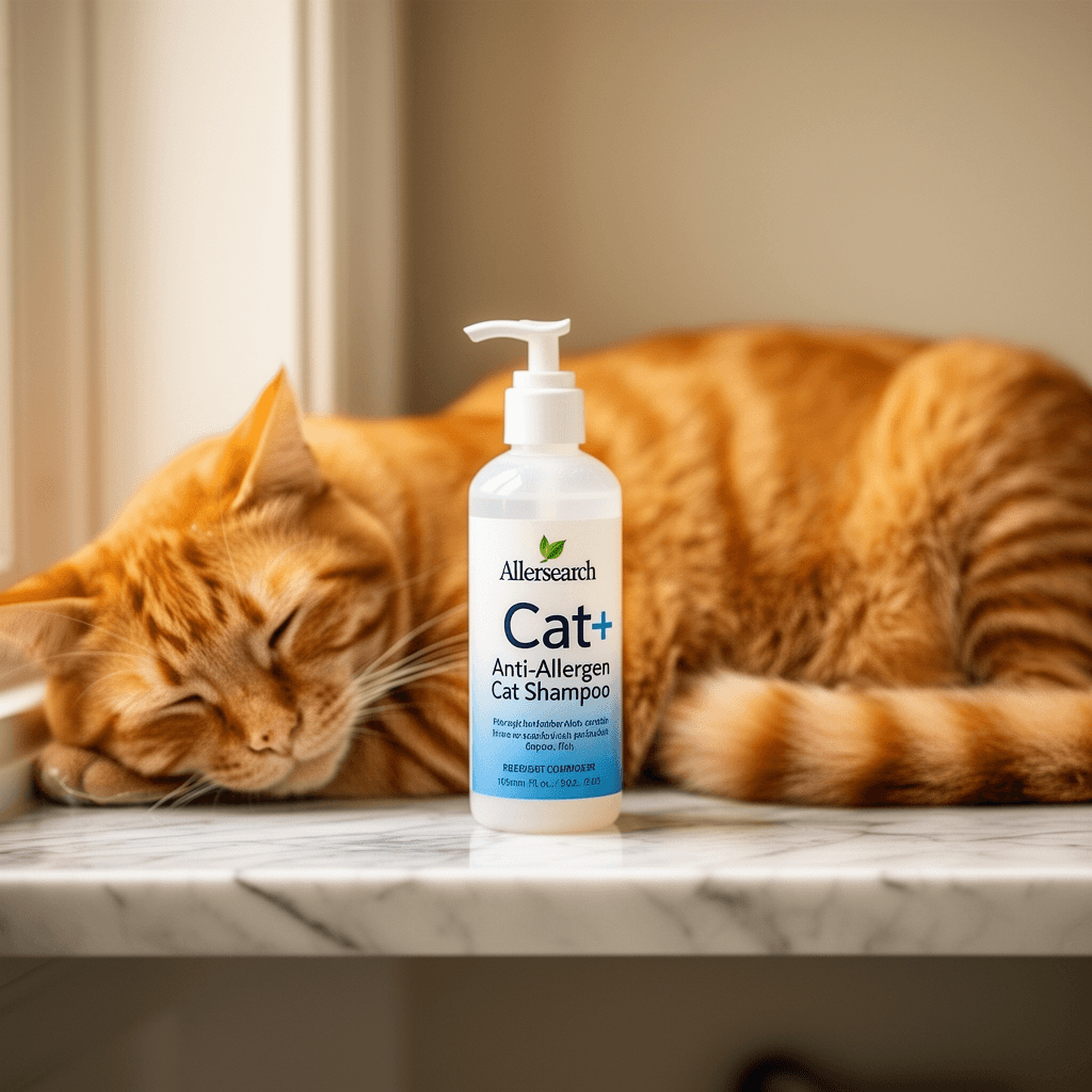 Allersearch Cat+ Anti-Allergen Cat Shampoo with cat - professional product lifestyle photo