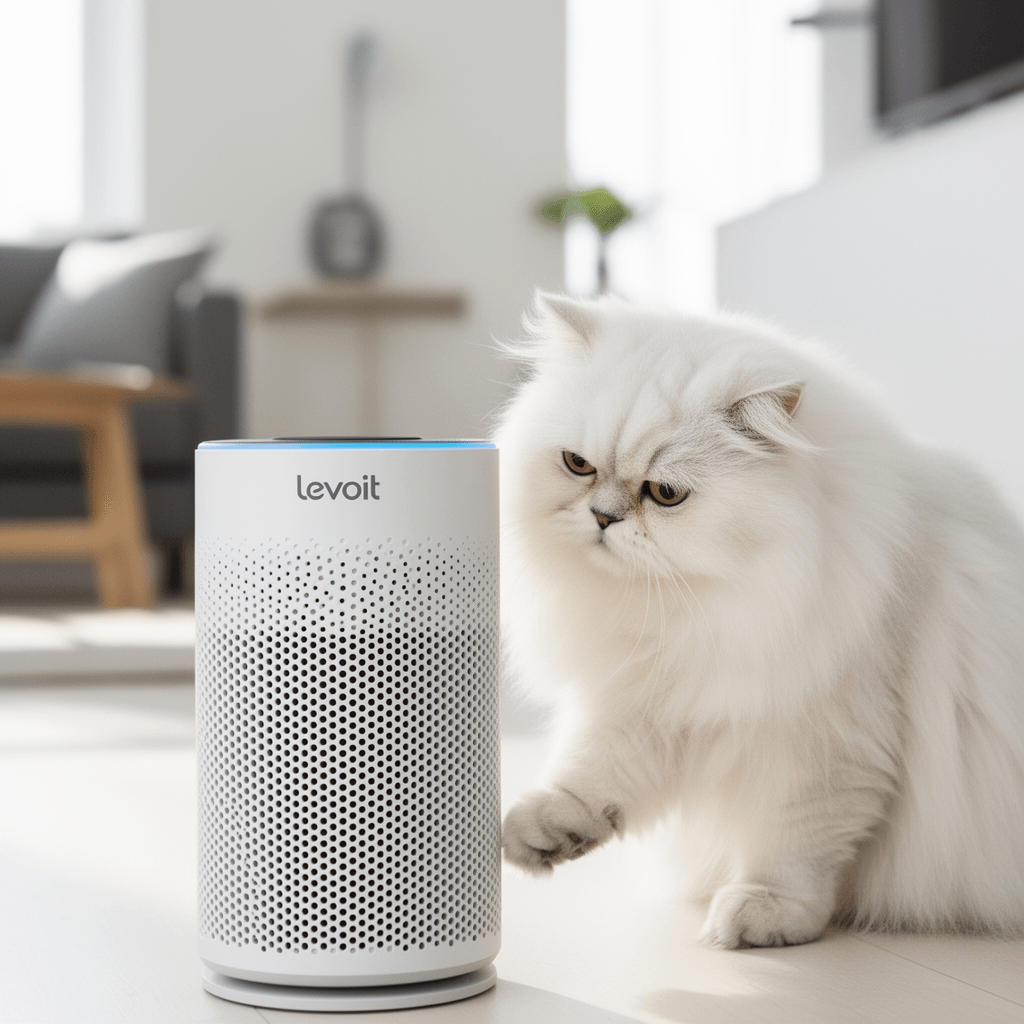 LEVOIT Air Purifier for Pets with cat - professional product lifestyle photo