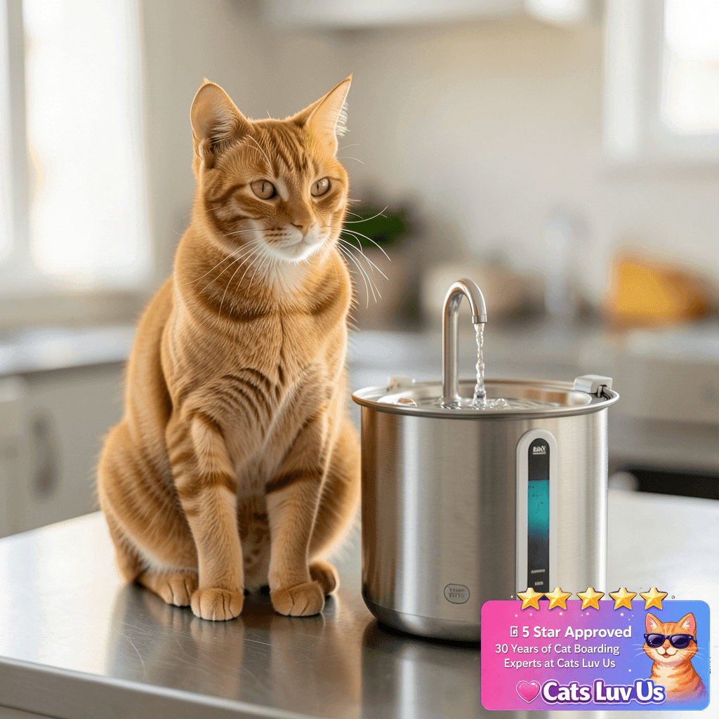 oneisall 2L Stainless Steel Cat Water Fountain with Snap with cat - professional product lifestyle photo