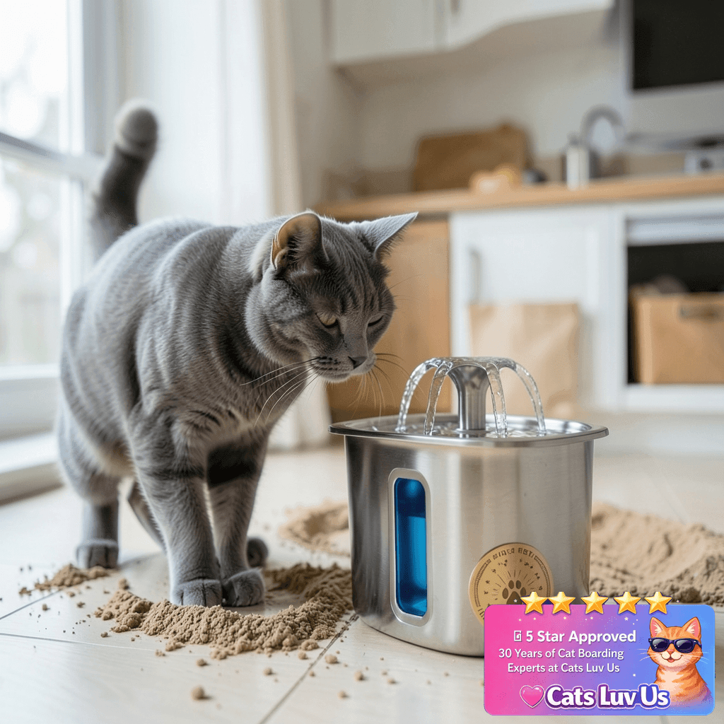 Veken Innovation Award Winner Stainless Steel Cat Water with cat - professional product lifestyle photo