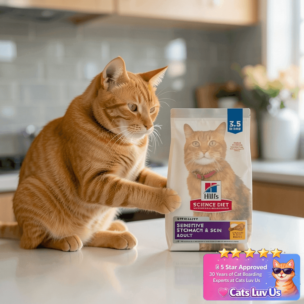 Hill's Science Diet Adult 1-6 Sensitive Stomach & Skin Dry with cat - professional product lifestyle photo