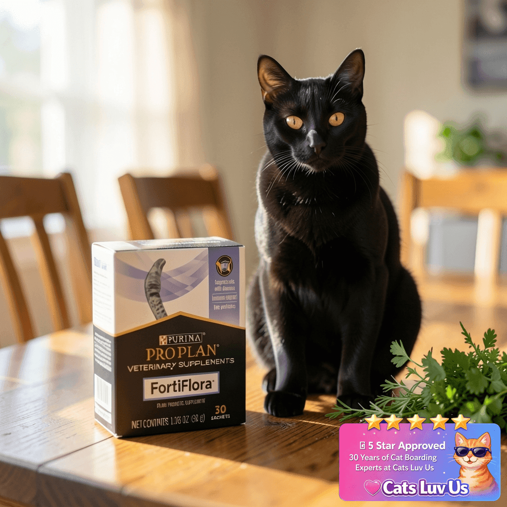 Purina Pro Plan Veterinary Supplements FortiFlora Daily with cat - professional product lifestyle photo