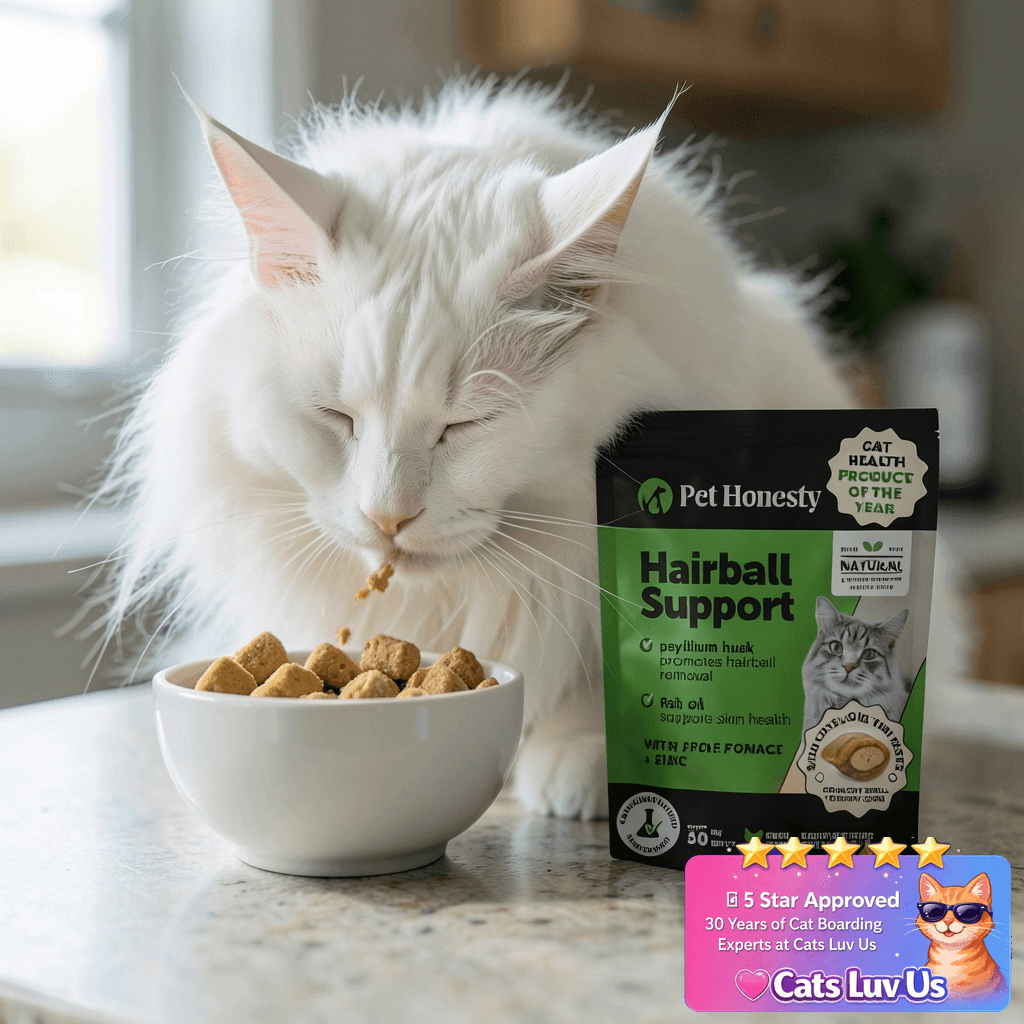 Cat Hairball Support Crunchy & Creamy Chews with cat - professional product lifestyle photo