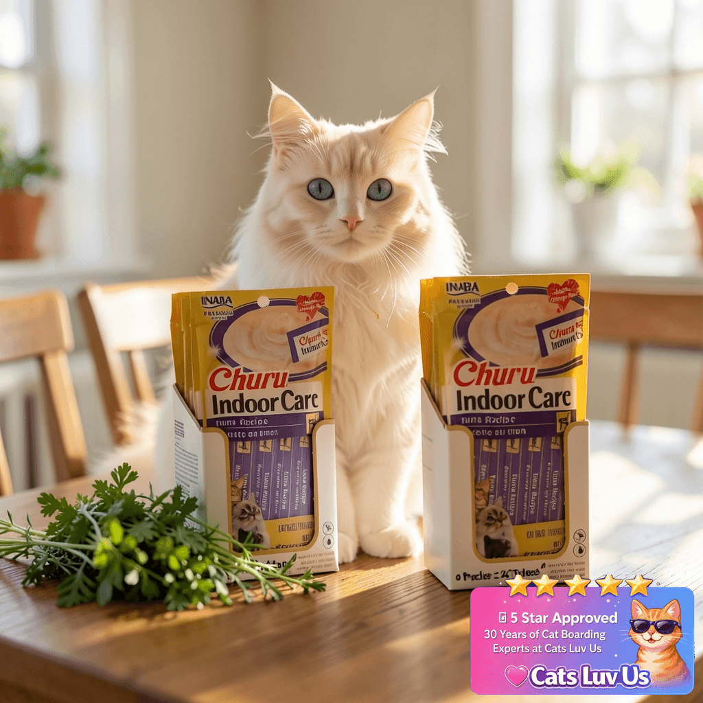 INABA Churu Hairball Control with cat - professional product lifestyle photo