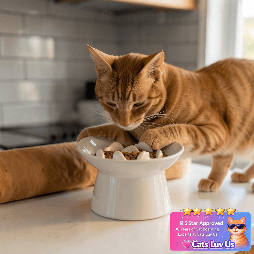 vancasso Ceramic Slow Feeder Cat Bowl with cat - professional product lifestyle photo