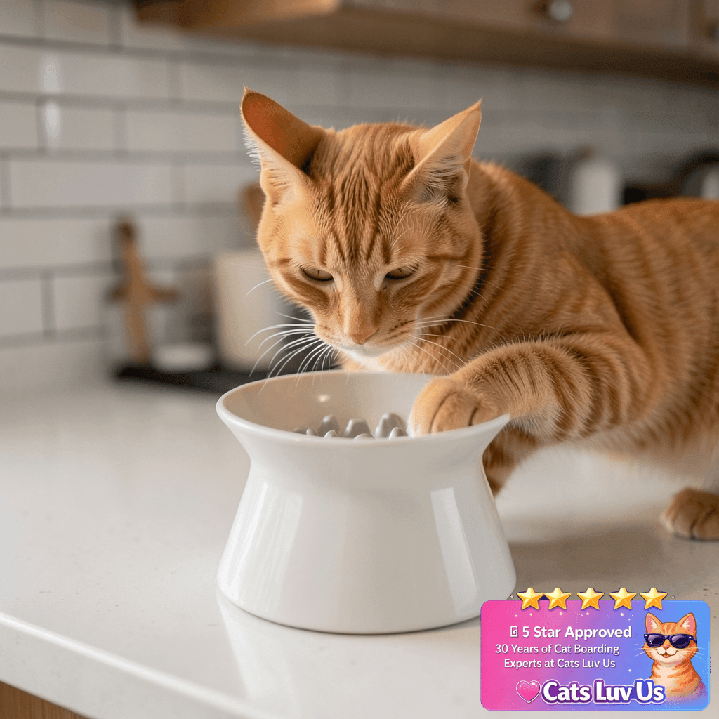 Ceramic Slow Feeder Cat Bowl with cat - professional product lifestyle photo