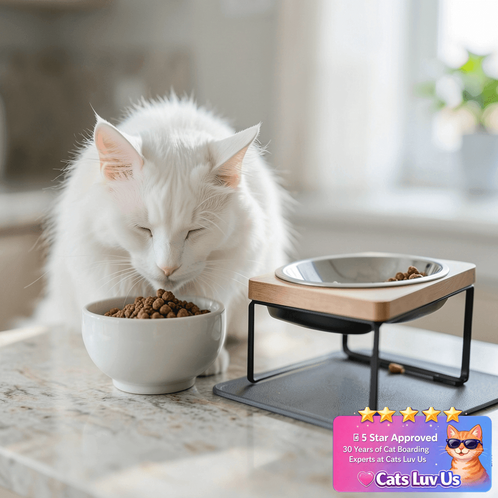 Upgraded Elevated Cat Bowls with Food Mat with cat - professional product lifestyle photo