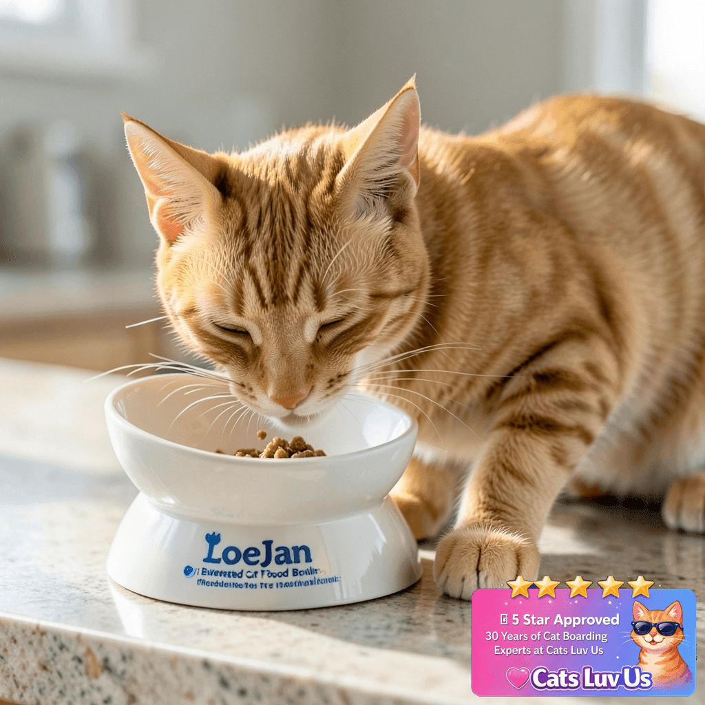 LoeJan Elevated Cat Food Bowl with cat - professional product lifestyle photo