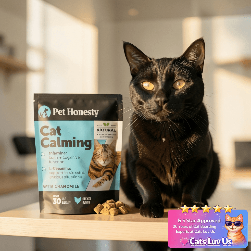 Calming Chews for Cats - Cat Anxiety Relief + Helps Reduce with cat - professional product lifestyle photo