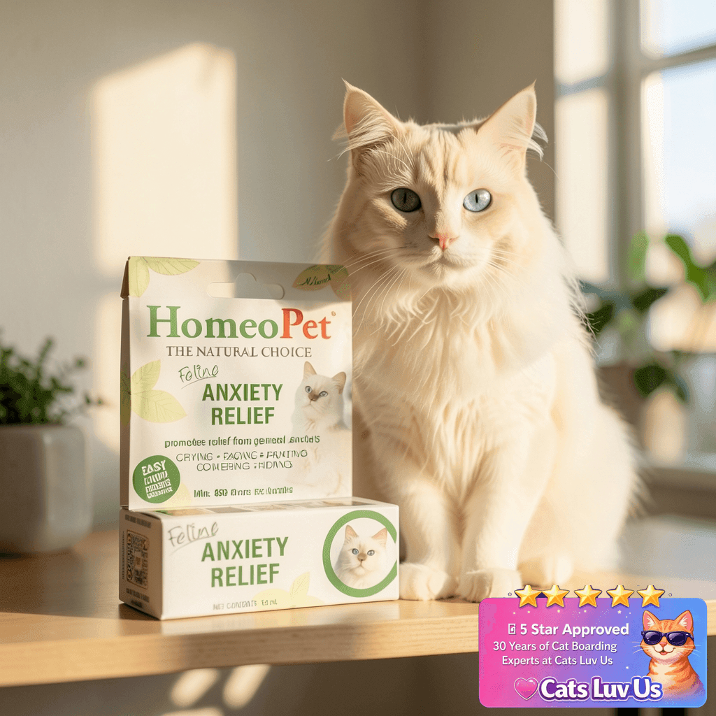 HomeoPet Feline Anxiety Relief with cat - professional product lifestyle photo