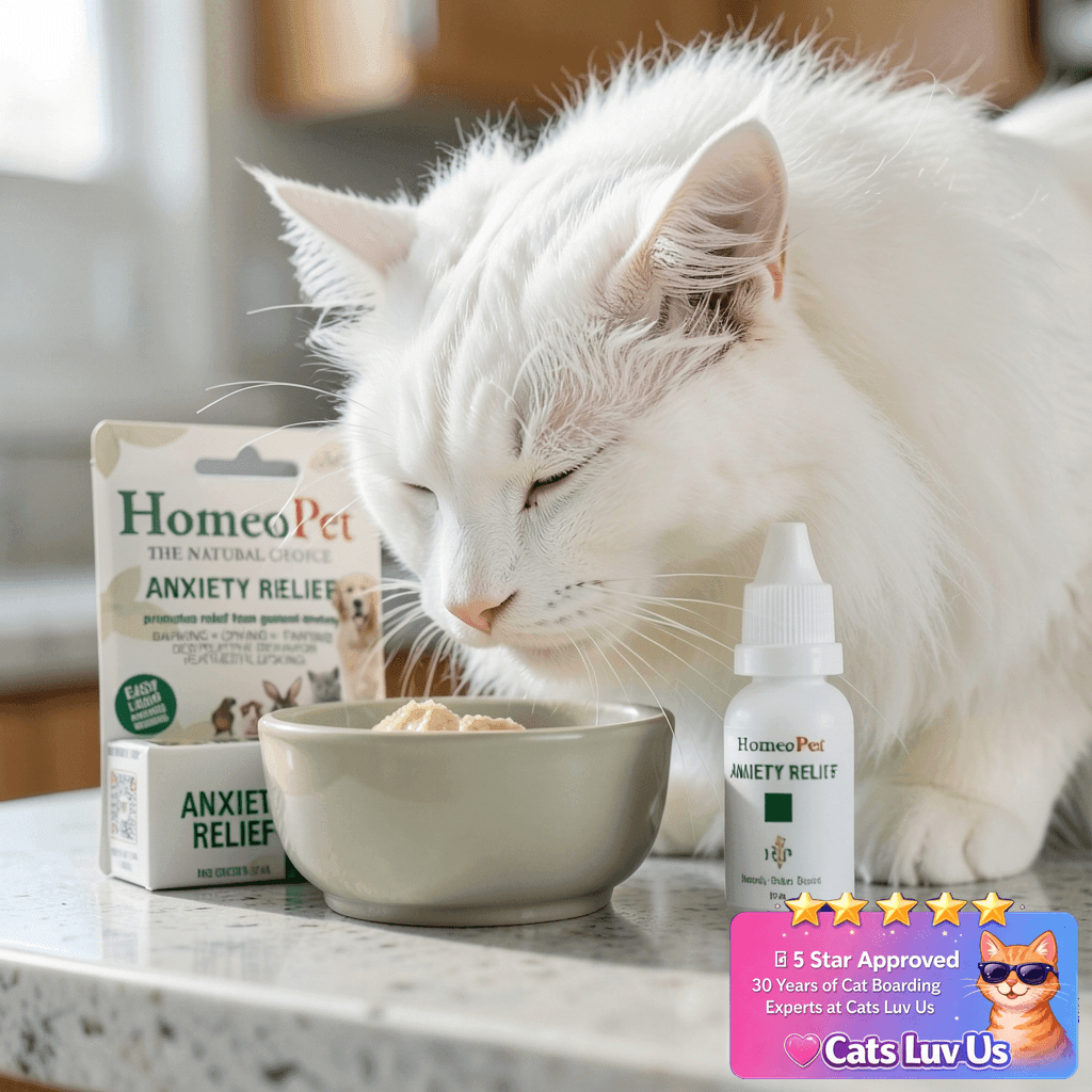 HomeoPet Anxiety Relief Medicine for Pets with cat - professional product lifestyle photo