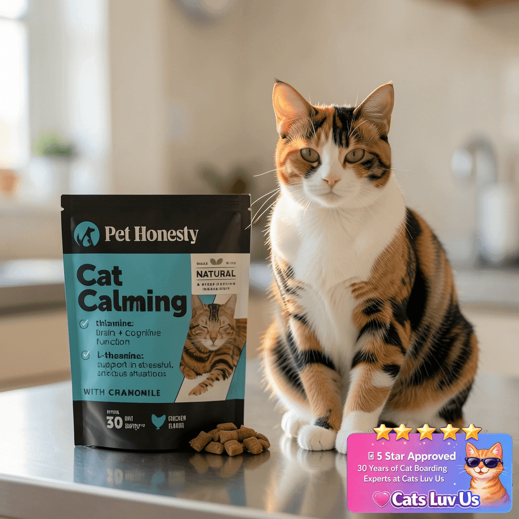 Calming Chews for Cats - Cat Anxiety Relief + Helps Reduce with cat - professional product lifestyle photo