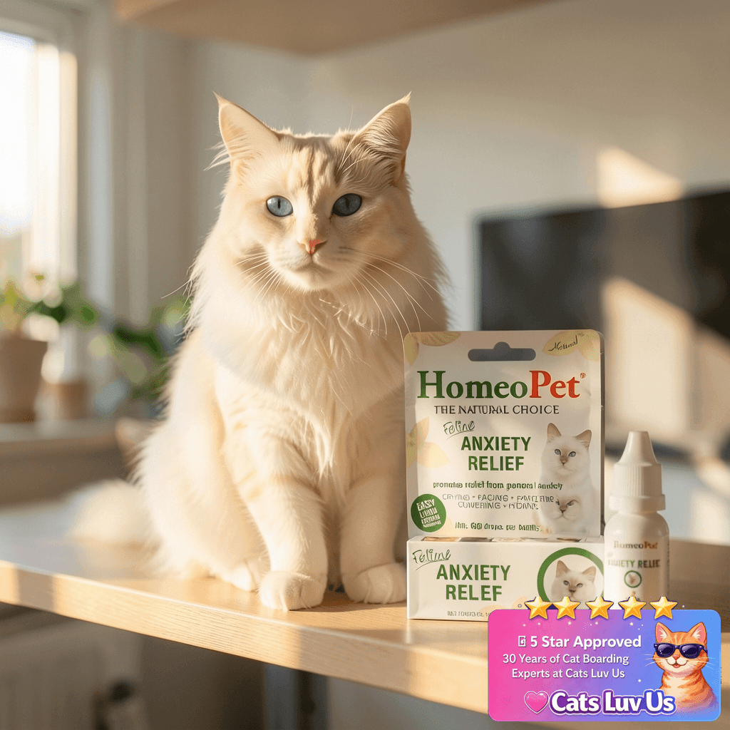 HomeoPet Feline Anxiety Relief with cat - professional product lifestyle photo