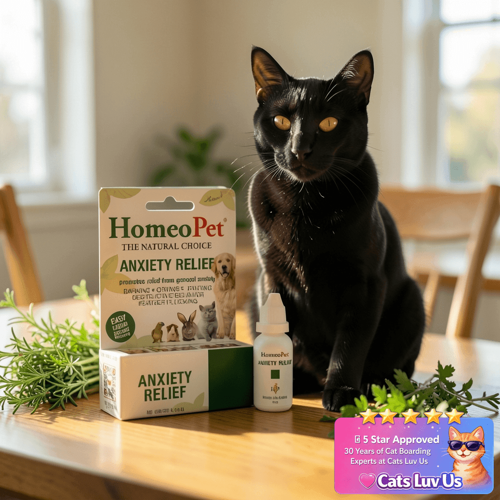 HomeoPet Anxiety Relief Medicine for Pets with cat - professional product lifestyle photo
