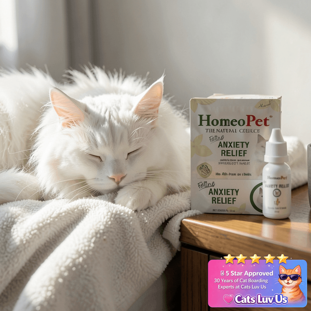 HomeoPet Feline Anxiety Relief with cat - professional product lifestyle photo