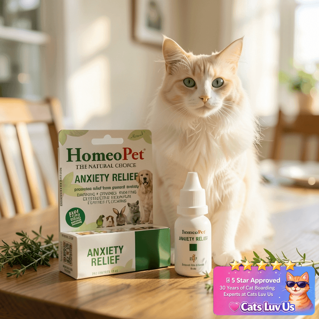 HomeoPet Anxiety Relief Medicine for Pets with cat - professional product lifestyle photo