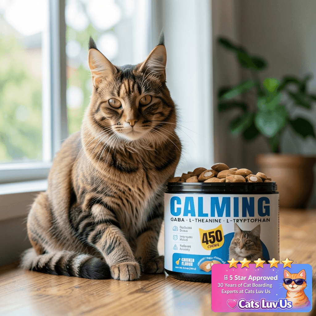 Calming Cat Treats with GABA for Anxiety Relief - Calming with cat - professional product lifestyle photo