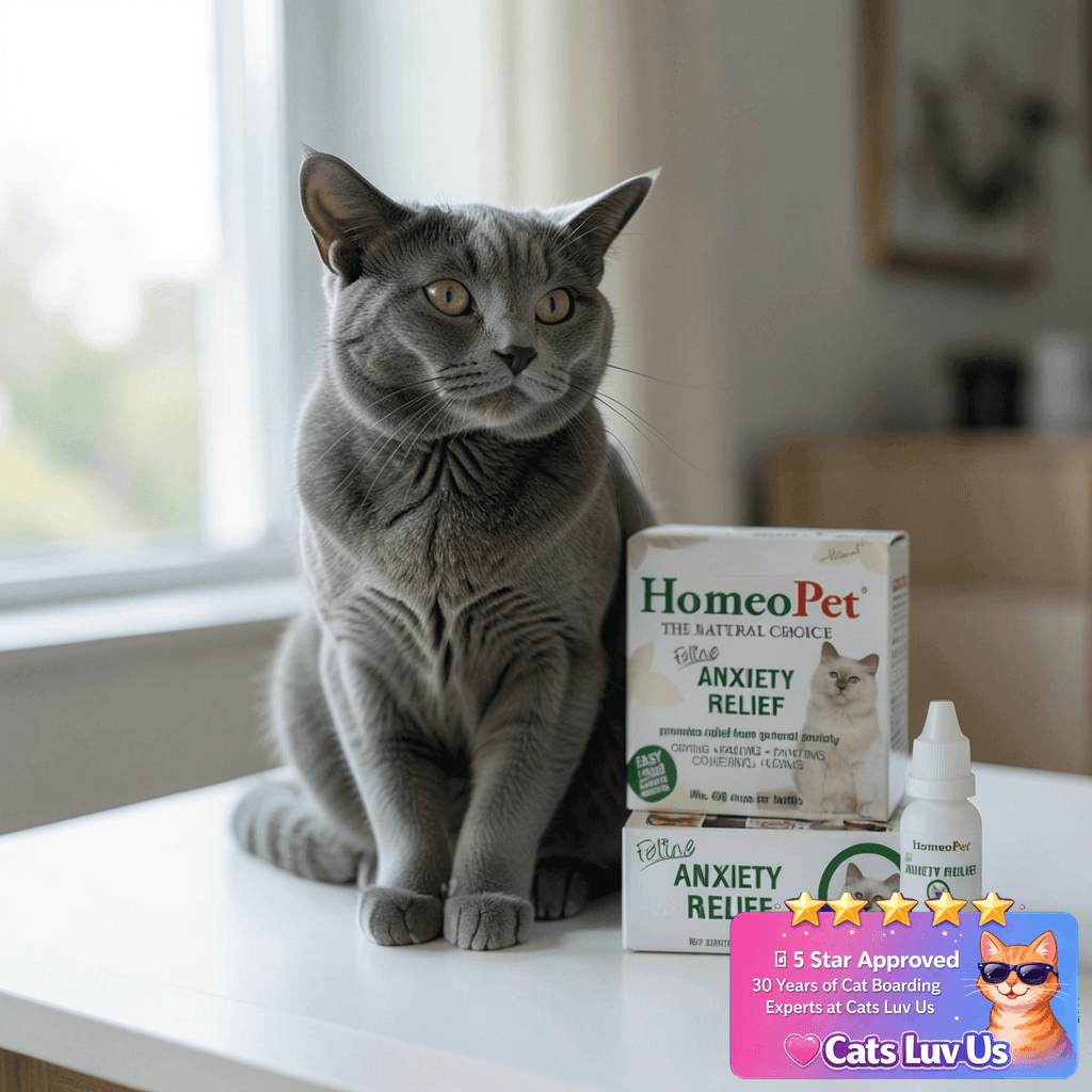 HomeoPet Feline Anxiety Relief with cat - professional product lifestyle photo