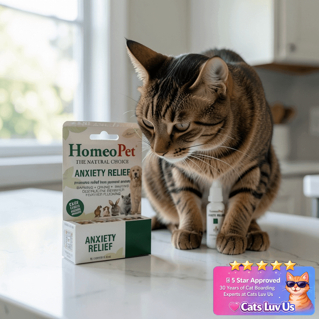 HomeoPet Anxiety Relief Medicine for Pets with cat - professional product lifestyle photo
