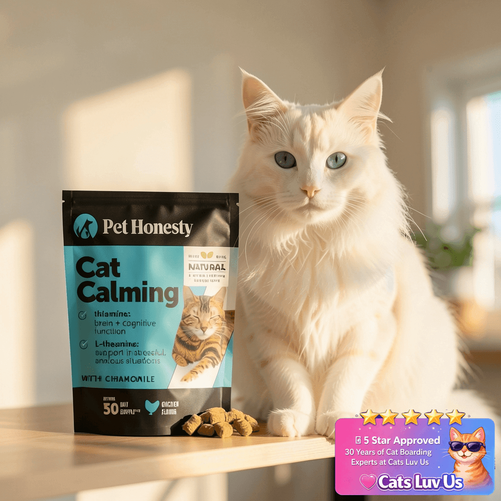 Calming Chews for Cats - Cat Anxiety Relief + Helps Reduce with cat - professional product lifestyle photo
