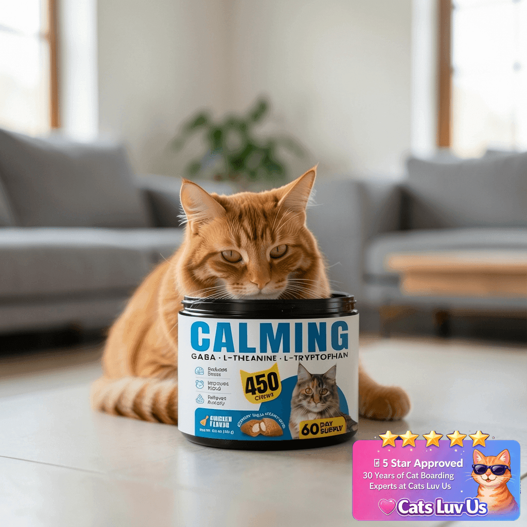 Calming Cat Treats with GABA for Anxiety Relief - Calming with cat - professional product lifestyle photo