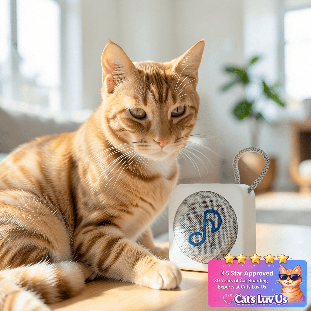 Pet Tunes Feline - Bluetooth Speaker with Preloaded Calming with cat - professional product lifestyle photo