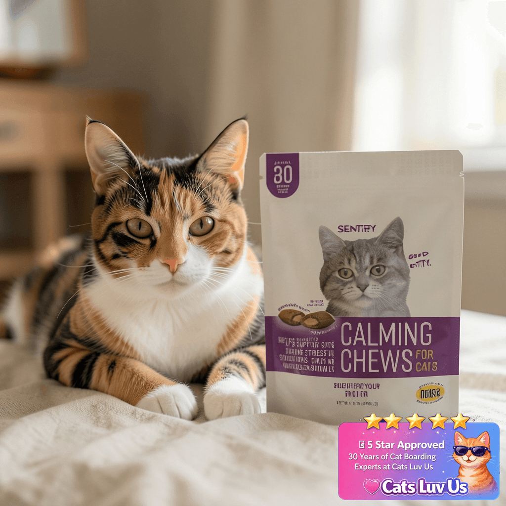 Sentry Calming Chews for Cats with cat - professional product lifestyle photo