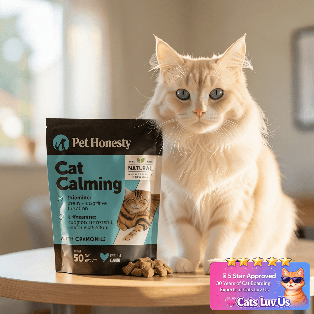 Calming Chews for Cats - Cat Anxiety Relief + Helps Reduce with cat - professional product lifestyle photo