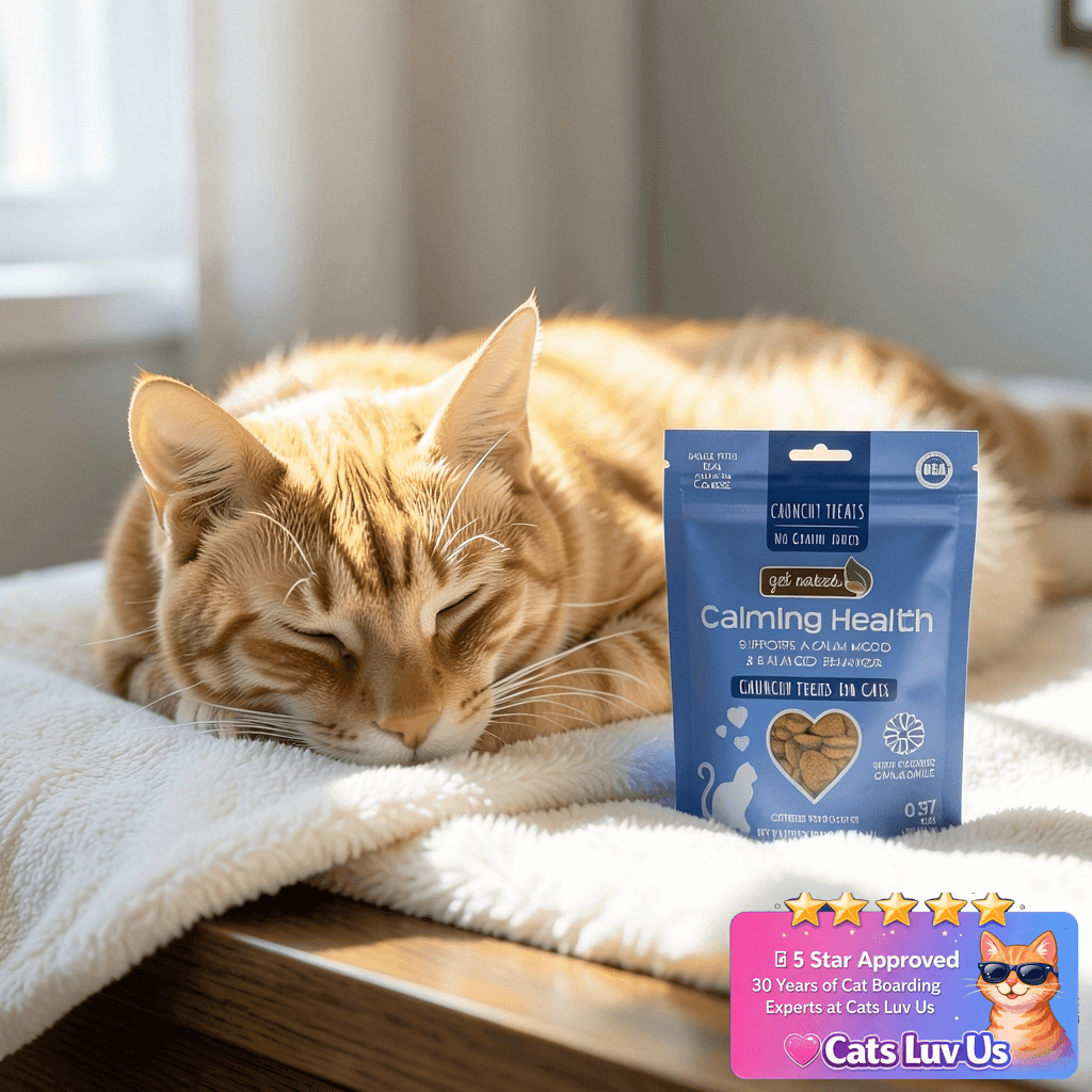 Get Naked Cat Calming Treats | Crunchy Salmon & Cheese with cat - professional product lifestyle photo