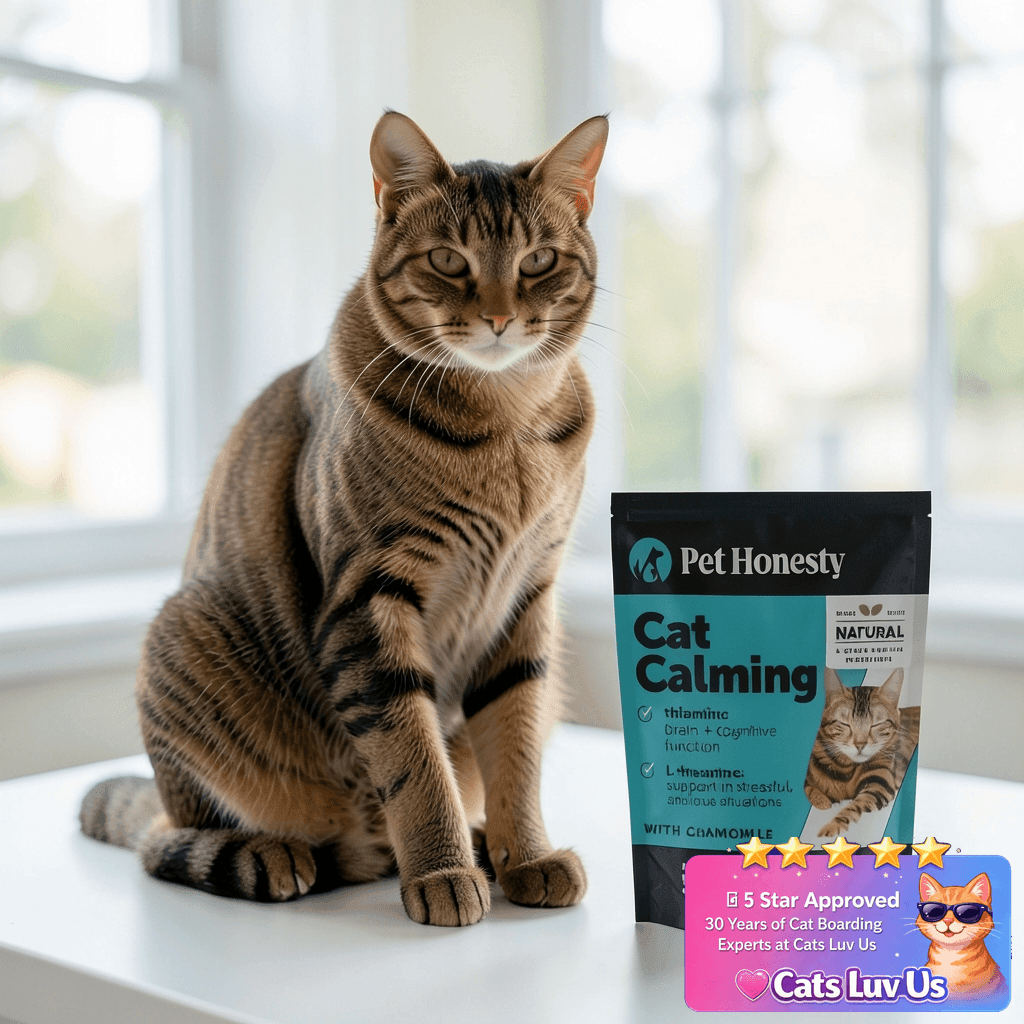 Calming Chews for Cats - Cat Anxiety Relief + Helps Reduce with cat - professional product lifestyle photo