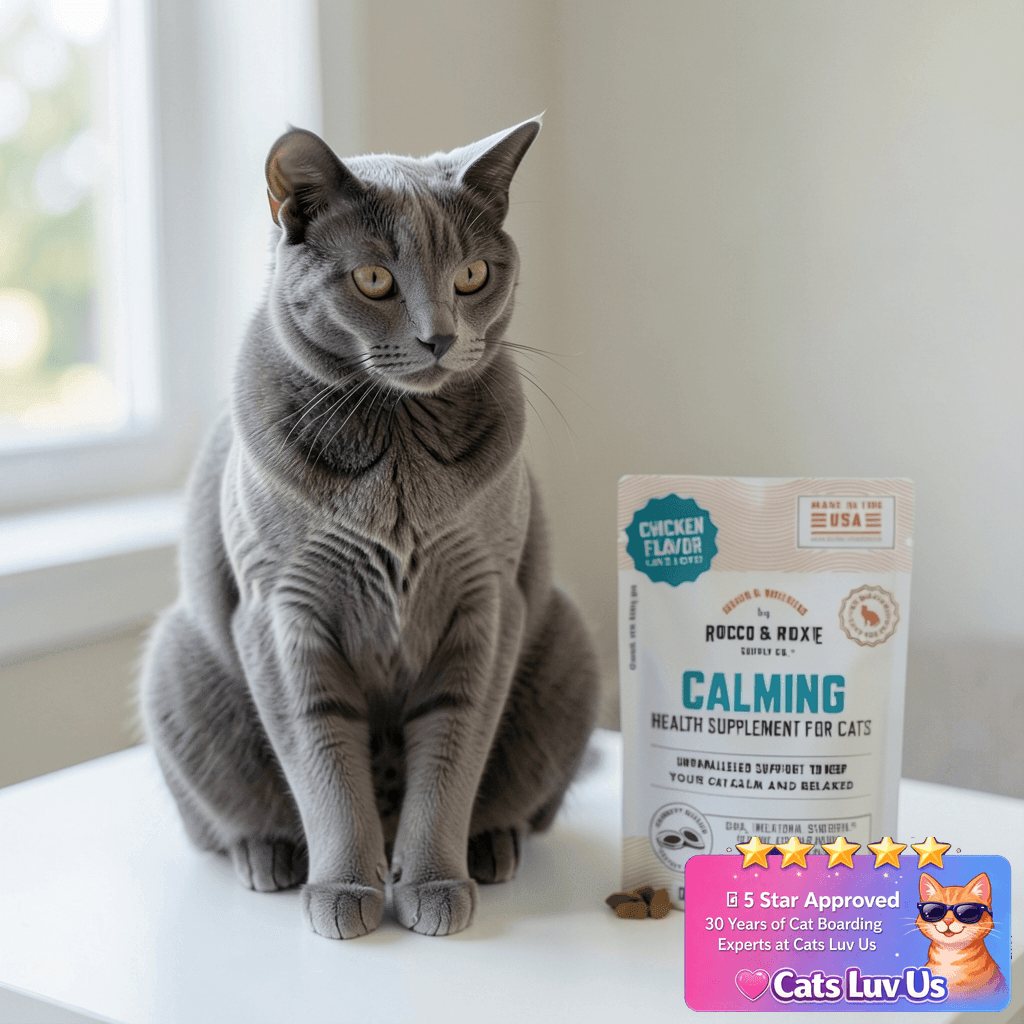 Rocco & Roxie Cat Calming Treats with Melatonin for Cats with cat - professional product lifestyle photo