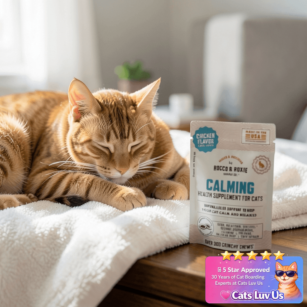 Rocco & Roxie Cat Calming Treats with Melatonin for Cats with cat - professional product lifestyle photo