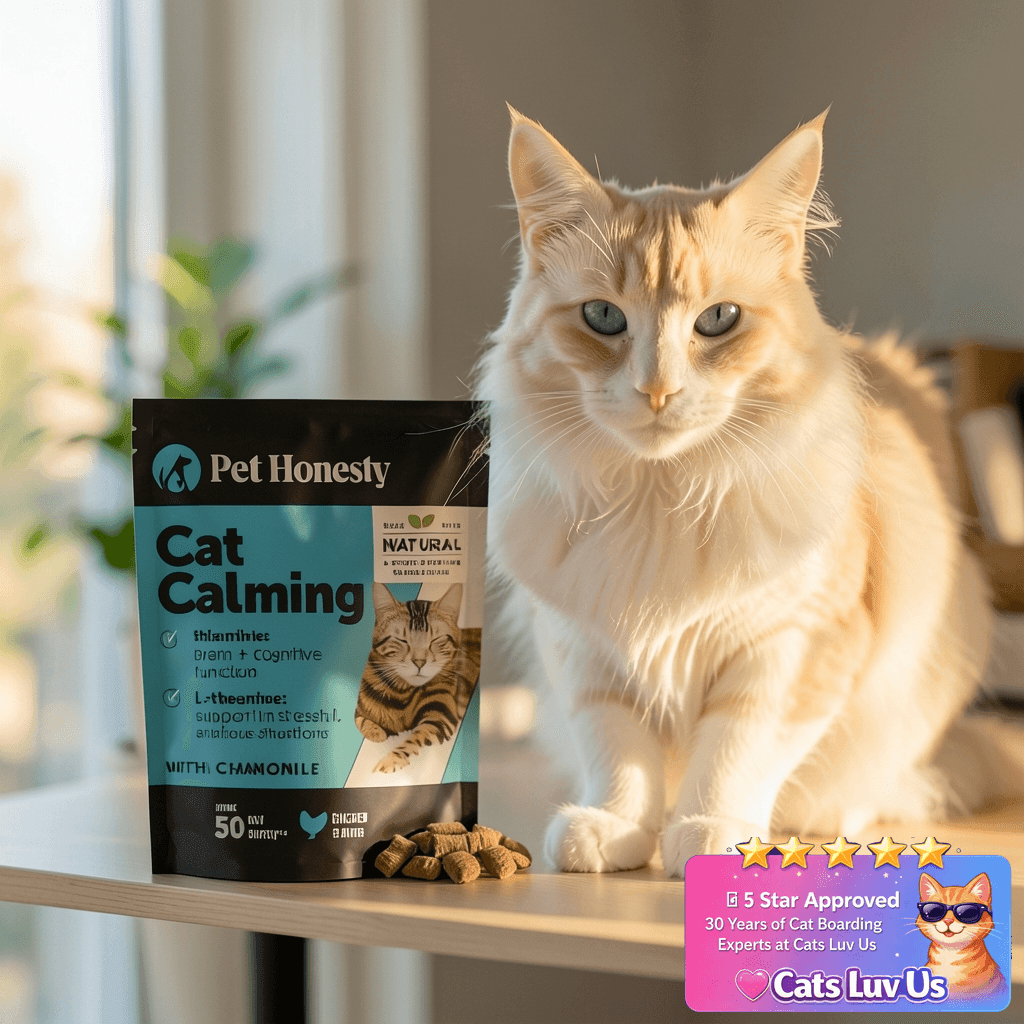 Calming Chews for Cats - Cat Anxiety Relief + Helps Reduce with cat - professional product lifestyle photo